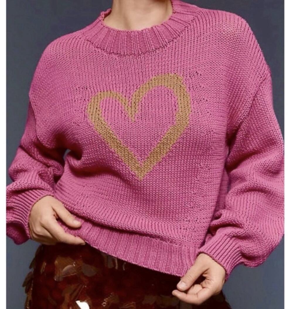 Anthropologie Maeve Pippa Sweater Size XL Pink Mock Neck Heart Bubble Sleeve